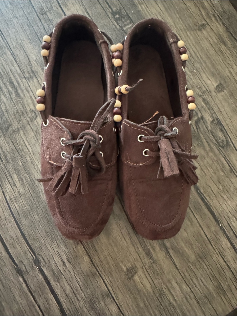 Women’s Brown Suede Tassel Loafers with Bead Detail